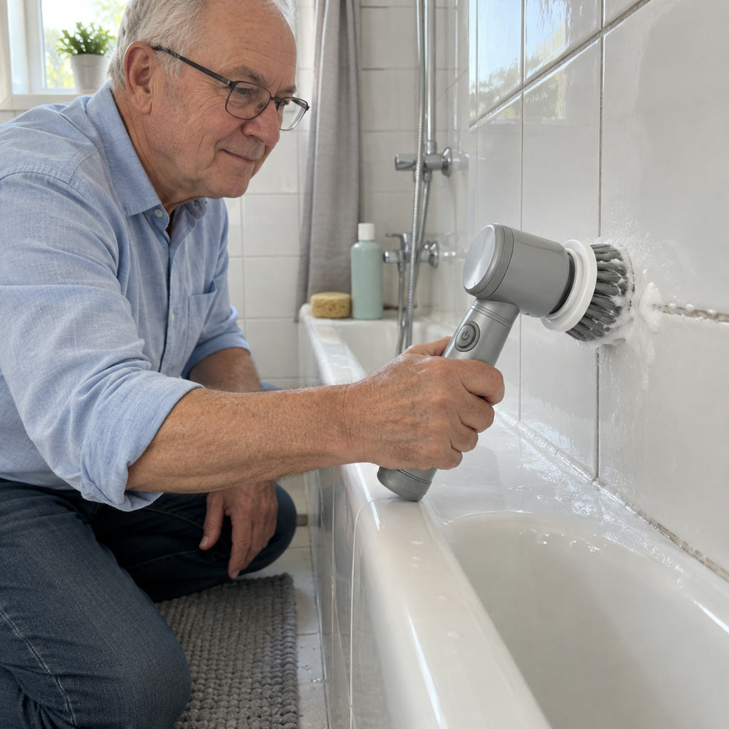 Kabellose elektrische Reinigungsbürste mit 6 Aufsätzen für Bad, Küche und Fliesenfugen – bis 450 U/min, 1500 mAh, bis 100 min, IPX6, USB-Ladung