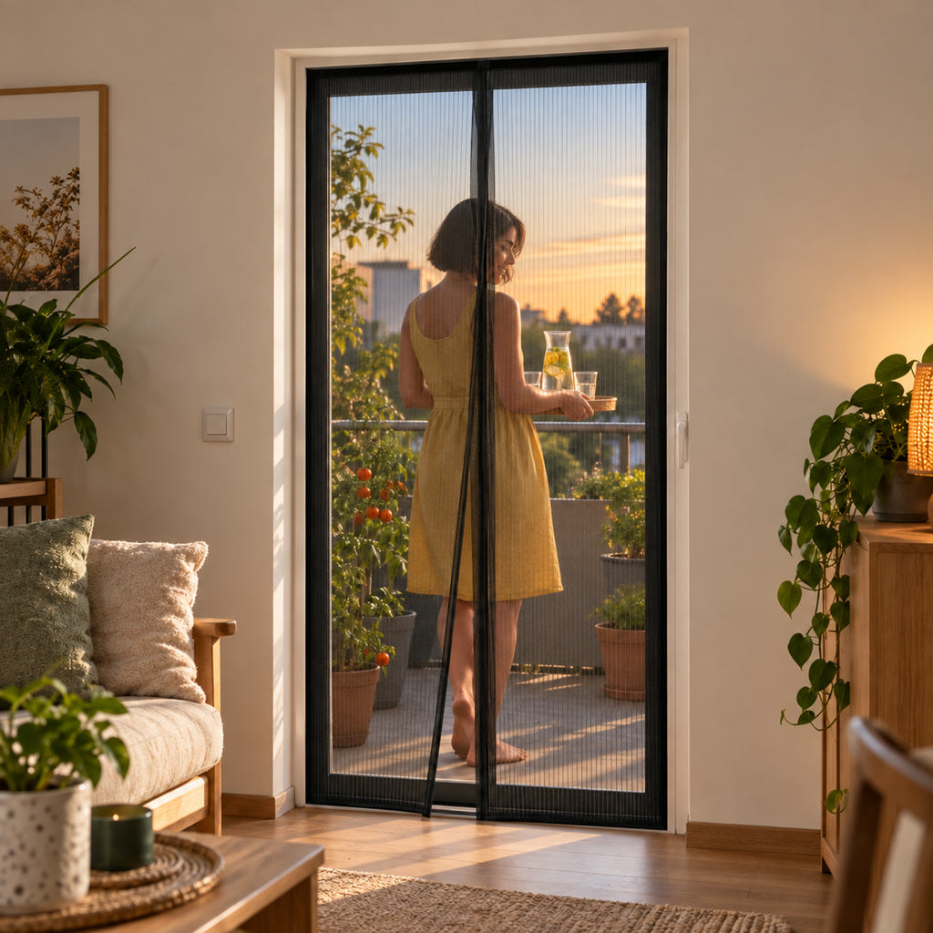 Magnetischer Fliegenvorhang für Balkon- und Terrassentür mit selbstschließender Mitte – 80 × 210 cm, kürzbar, ohne Bohren, Schwarz oder Weiß