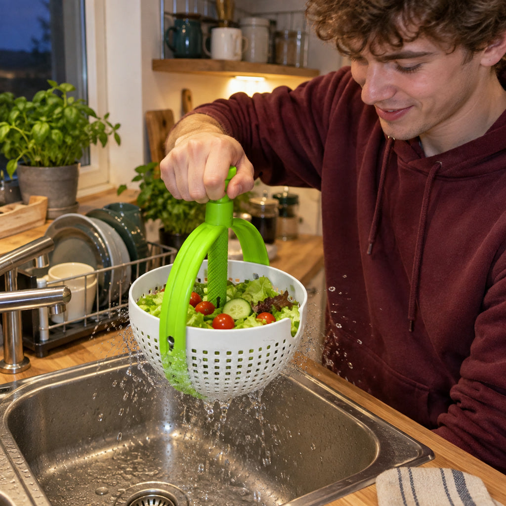 Salatschleuder mit Sieb für Obst, Gemüse und Nudeln – 2-in-1 zum Abtropfen und Trockenschleudern, rutschfester Boden, klappbarer Griff, Grün-Weiß