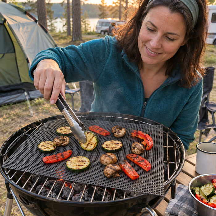 Antihaft-Grillmatte mit Gitterstruktur für Gasgrill, Holzkohlegrill und Backofen – zuschneidbar, hitzebeständig bis ca. 370 °C, wiederverwendbar, Grau