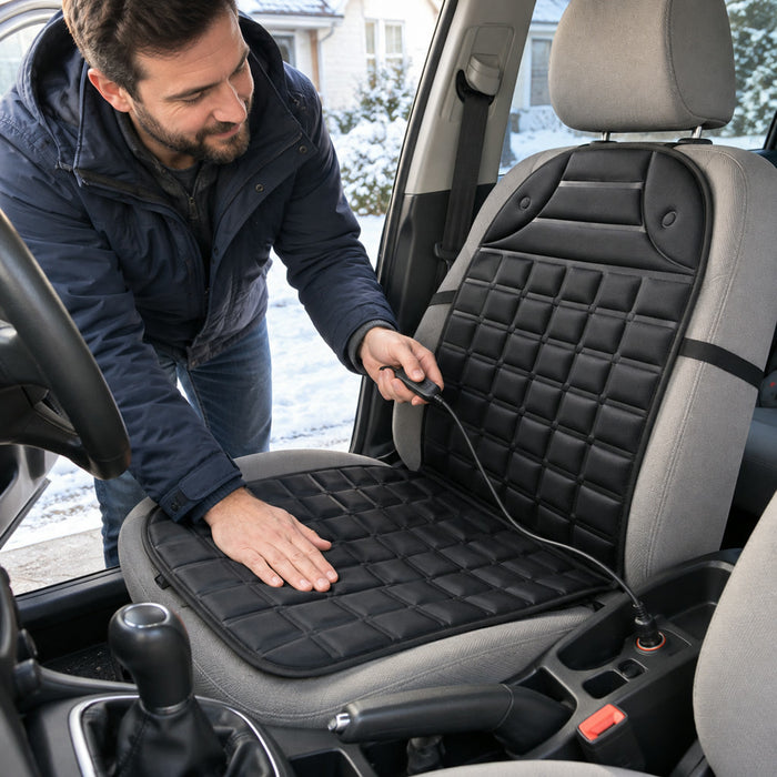 Beheizbare Sitzauflage für Autositze mit 12-V-Anschluss für kalte Tage im Winter – ca. 97 × 48 cm, Temperaturregelung, rutschfest, Schwarz oder Grau