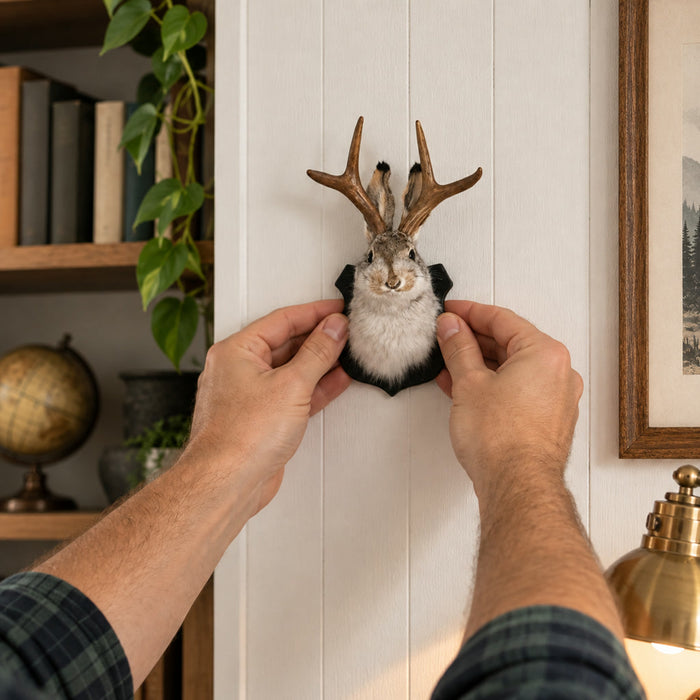 Jackalope-Wanddeko als Hase mit Geweih auf Wandplakette für Wohnzimmer und Arbeitszimmer – ca. 20 cm hoch, mit Aufhängehaken, rustikaler Trophäen-Stil