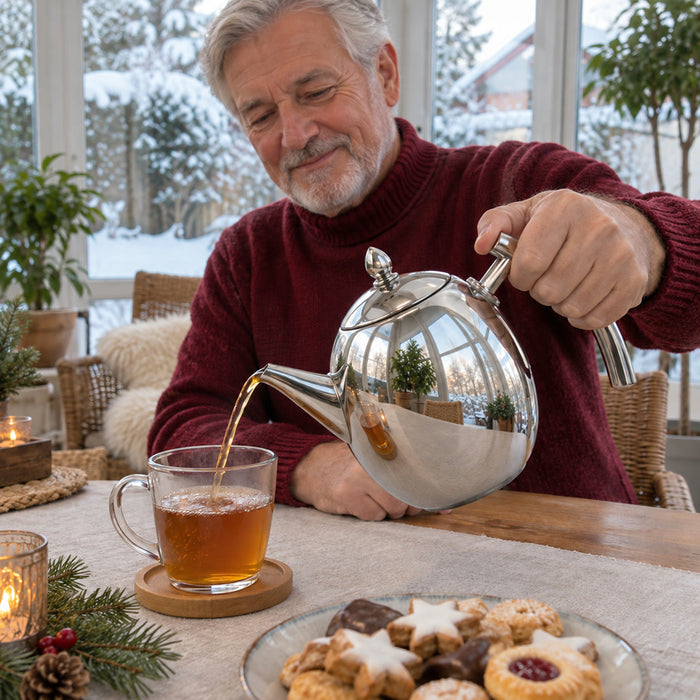 Teekanne aus Edelstahl mit herausnehmbarem Teesieb für losen Tee, Küche und Esstisch – ca. 1 l, hochglanzpoliert, spülmaschinengeeignet, als Geschenk
