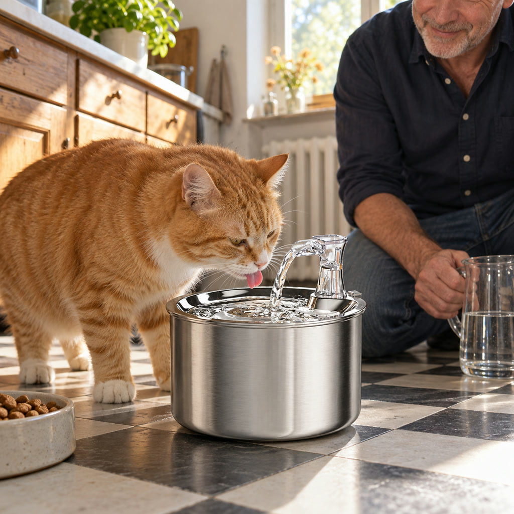 Katzentrinkbrunnen aus Edelstahl mit 4-stufigem Filter und Bewegungssensor für mehrere Katzen – 2 l, ca. 18,5 × 18,5 × 12 cm, USB-Betrieb