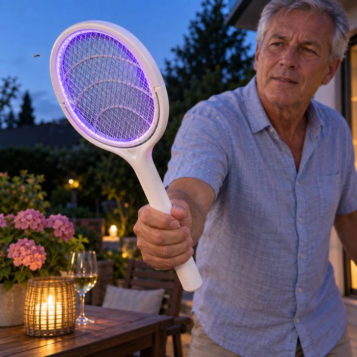 Elektrische Fliegenklatsche mit USB-C-Akku, Standfuß und Wandhalterung für Haus, Terrasse und Camping – ca. 24 × 44 cm, neigbarer Kopf, 2 h Ladezeit