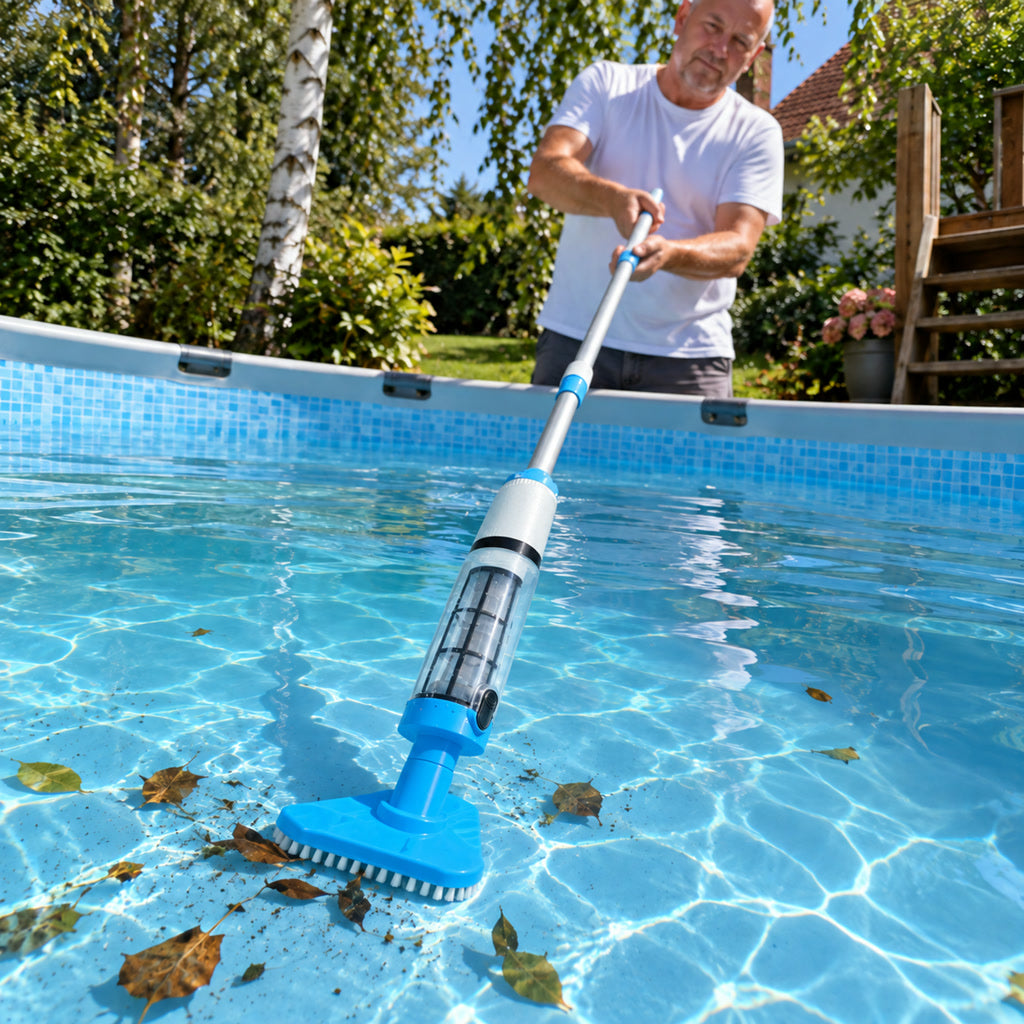 Kabelloser Akku-Poolsauger mit Teleskopstiel und Wechselaufsätzen für Aufstell- und Einbaupools – 40 W, bis 45 min Laufzeit, für Boden und Wände