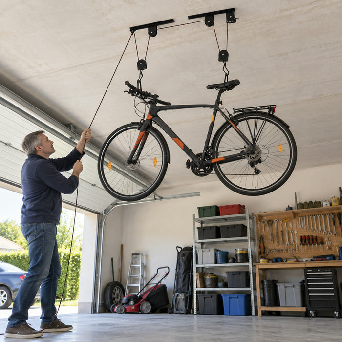 Fahrradlift zur Deckenmontage mit Seilzug für Garage, Keller und Schuppen – belastbar bis 60 kg, beschichtete Haken, Sicherungsgurt, Schwarz