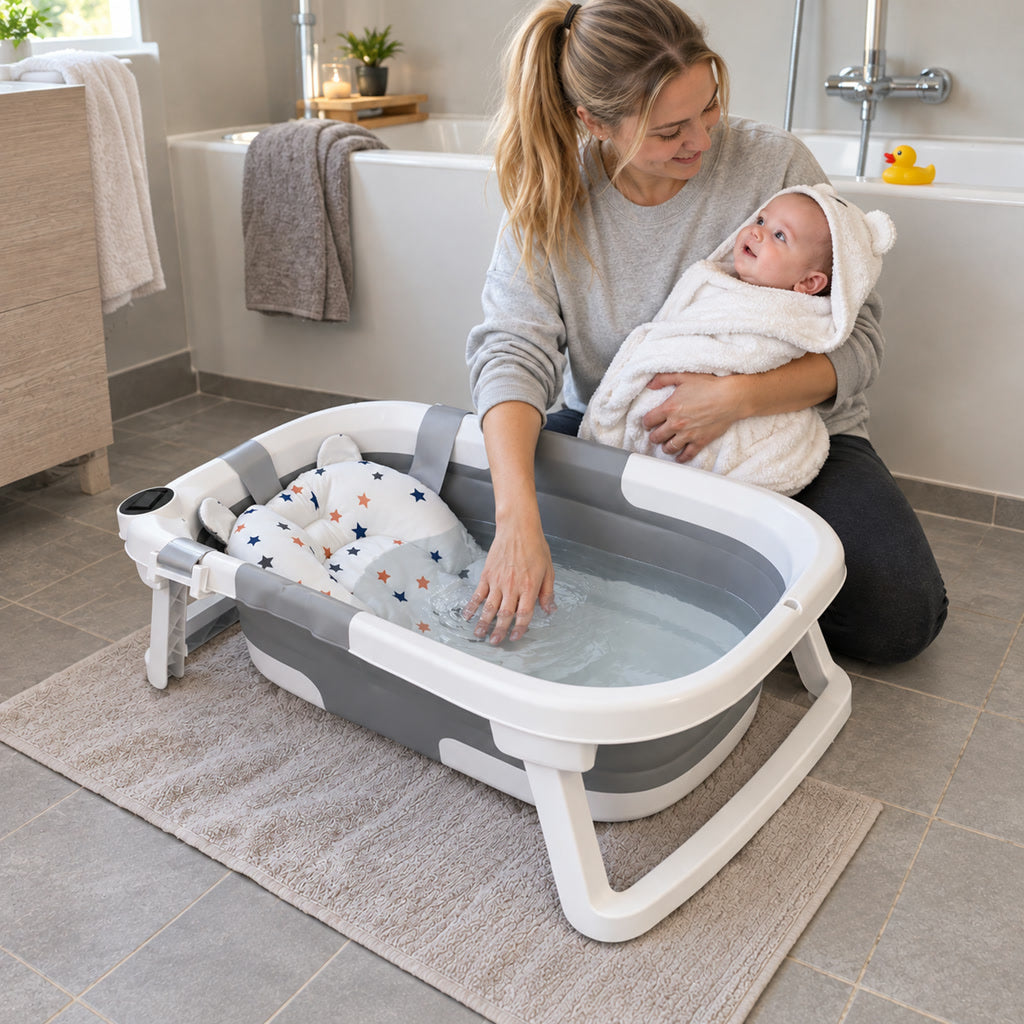 Faltbare Babybadewanne mit Badekissen und Temperaturstöpsel für Neugeborene und Kleinkinder – rutschfeste Füße, Brauseanschluss, Grau oder Rosa