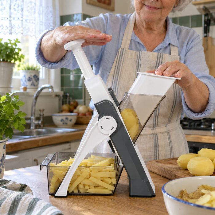 5-in-1-Gemüseschneider mit Auffangbehälter und Fingerschutz für Salat, Wok und Snacks – 5 Wechselklingen, rutschfester Boden, 4 Farben