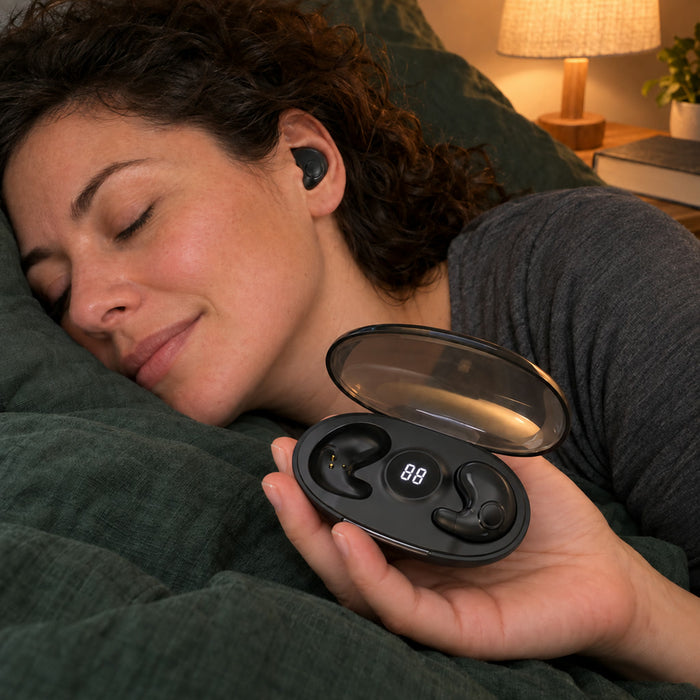 Flache Schlaf-Kopfhörer mit Bluetooth 5.3 für Seitenschläfer, Reisen und Sport – 1 cm dünn, 6 h Laufzeit, 24 h mit Ladecase, IPX5, 3 Farben