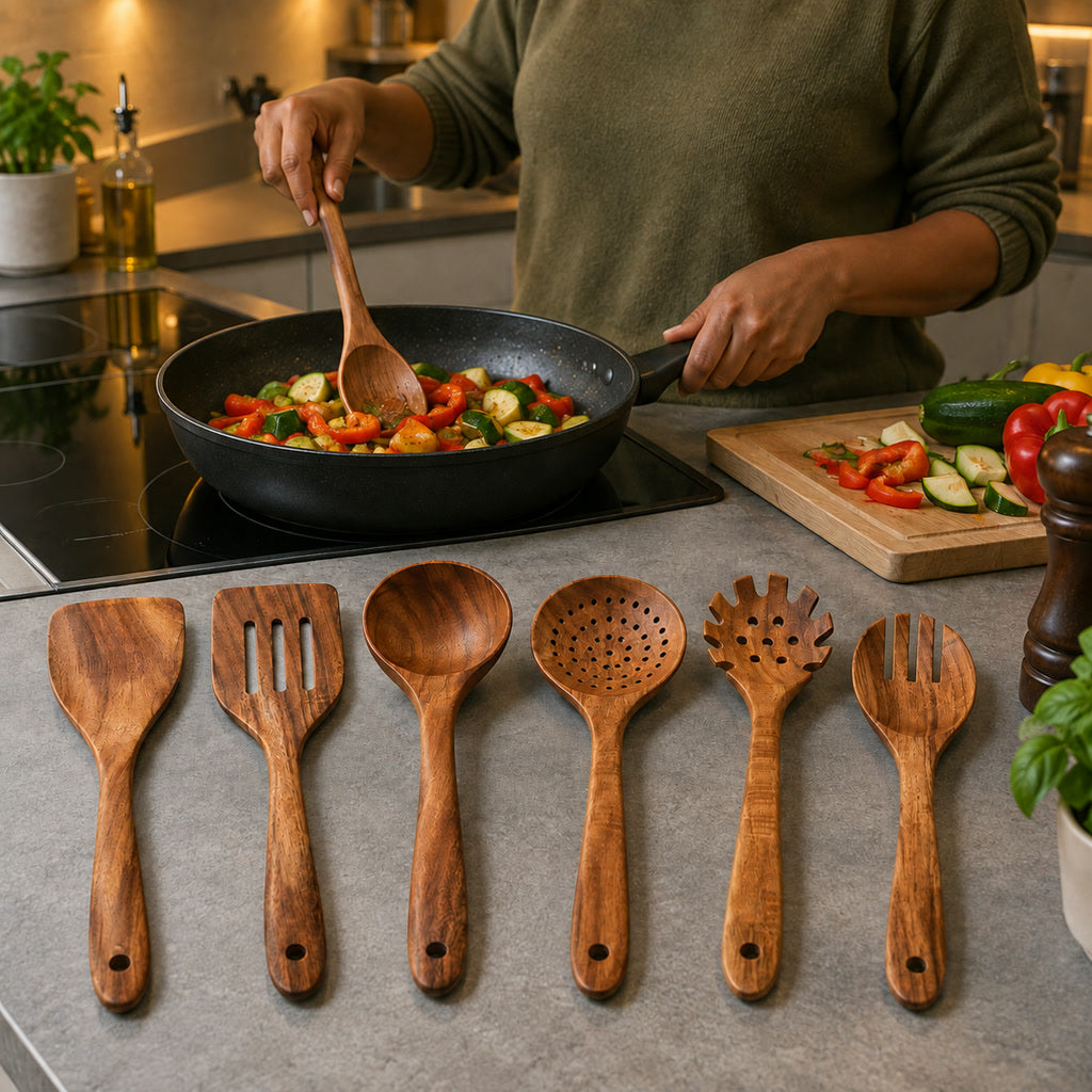 Küchenhelfer-Set aus Teakholz für beschichtete Pfannen und Töpfe – 5- oder 7-teilig, ca. 25–33 cm lang, glatte Kanten, hitzebeständig, Naturholz