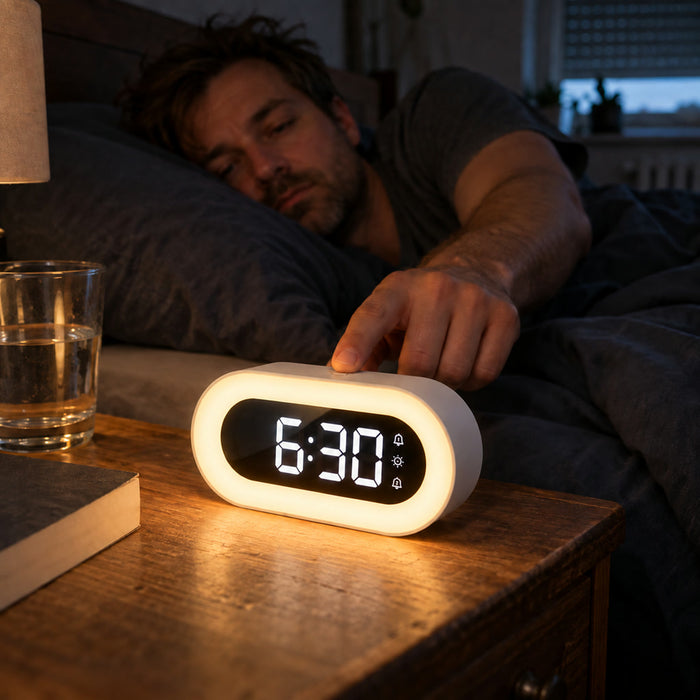 Digitaler Wecker mit dimmbarem Nachtlicht und Naturklängen für Schlafzimmer und Reisen – LED-Ziffern, 2 Weckzeiten, USB-C-Akku, Weiß oder Schwarz
