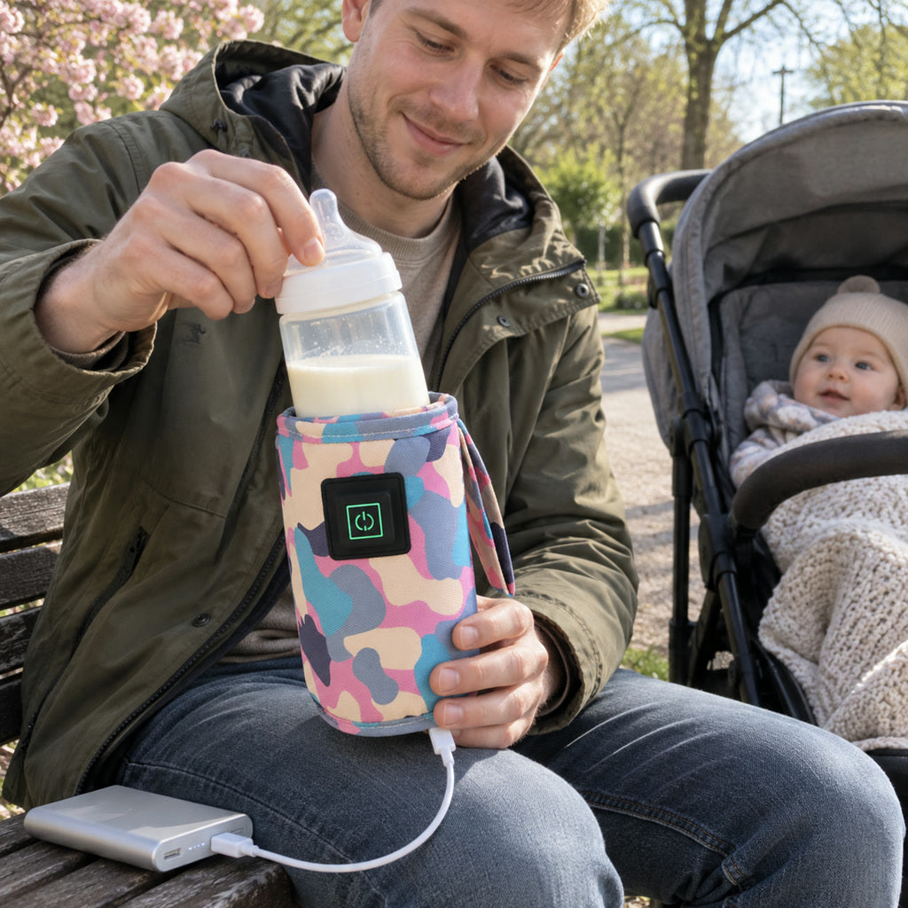 Tragbarer Flaschenwärmer mit USB-Anschluss für unterwegs, Auto und Reisen – 3 Stufen 40, 50 und 60 °C, isoliertes Oxford-Gewebe, 3 Designs