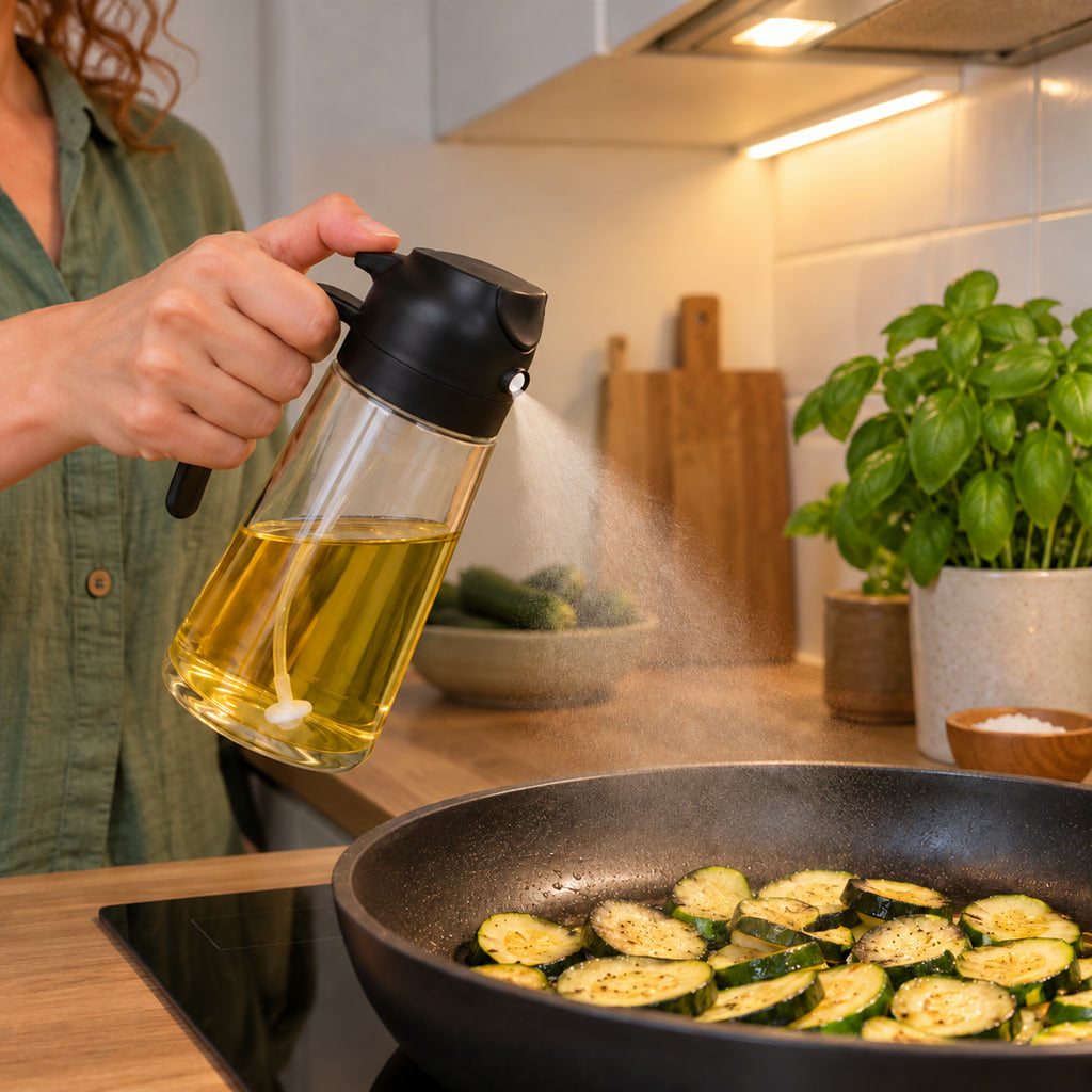 Ölsprühflasche 2-in-1 zum Sprühen und Ausgießen für Braten, Backen, Grillen und Salate – ca. 200 ml, Edelstahl-Sprühkopf, BPA-frei, Schwarz oder Weiß