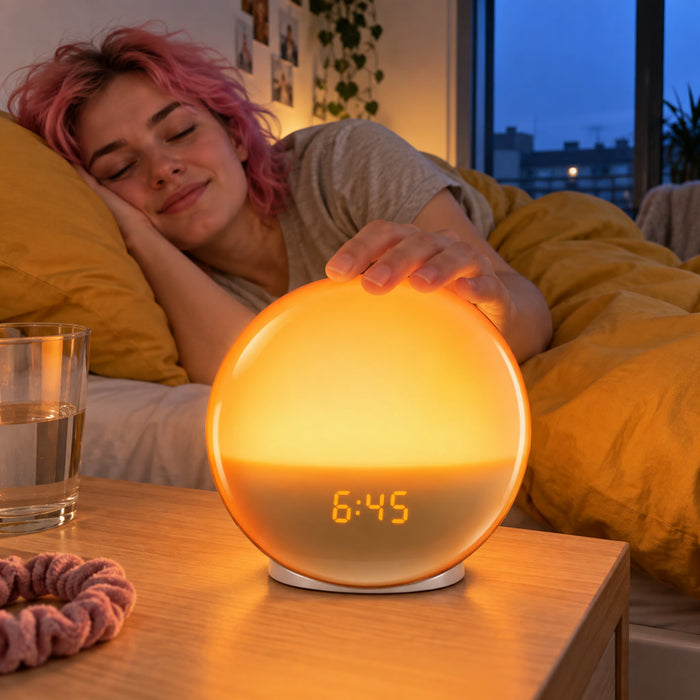 Lichtwecker mit Sonnenaufgangssimulation, Naturklängen und Radio für Schlafzimmer und Nachttisch – Einschlafmodus, einstellbare Helligkeit, Leselicht