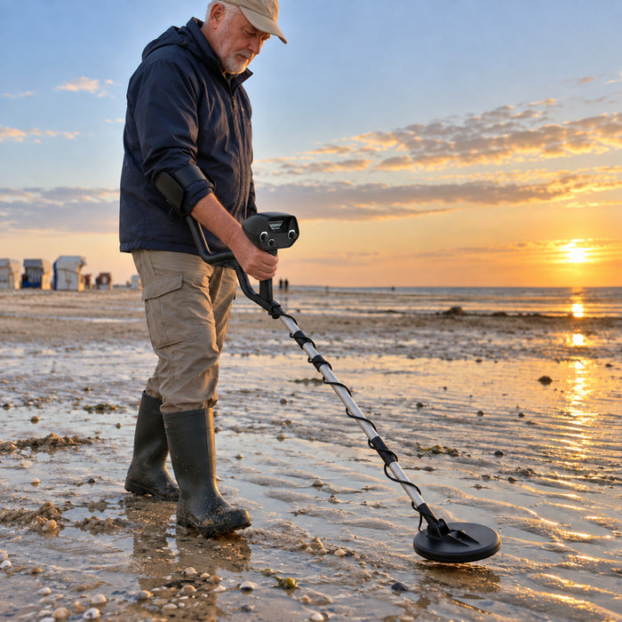 Metalldetektor mit wasserdichter Suchspule für Schatzsuche, Strand und flaches Wasser – Suchtiefe 10 bis 30 cm, Diskriminierung, Zeigeranzeige