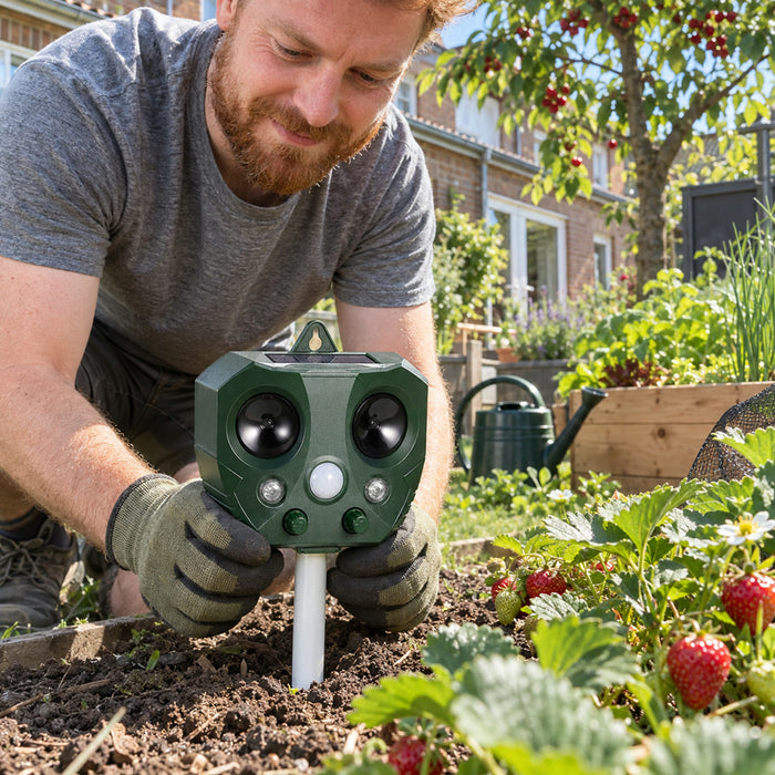 Solar-Vogelabwehr mit Ultraschall und LED-Blitz für Garten, Bauernhof und Obstgarten – Bewegungsmelder 110°, ca. 9 m Reichweite, IPX4