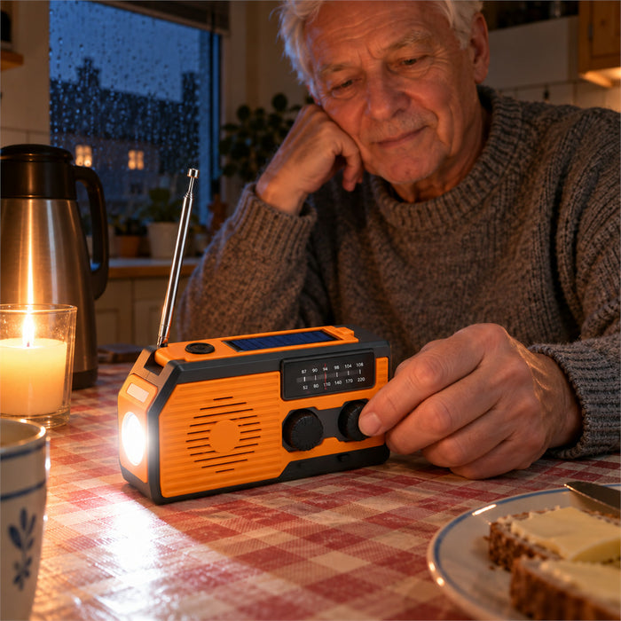 Notfallradio mit Solar und Handkurbel für Stromausfall, Unwetter und Notfälle – AM/FM, 5000 mAh Powerbank, Taschenlampe, Leselampe, SOS-Alarm