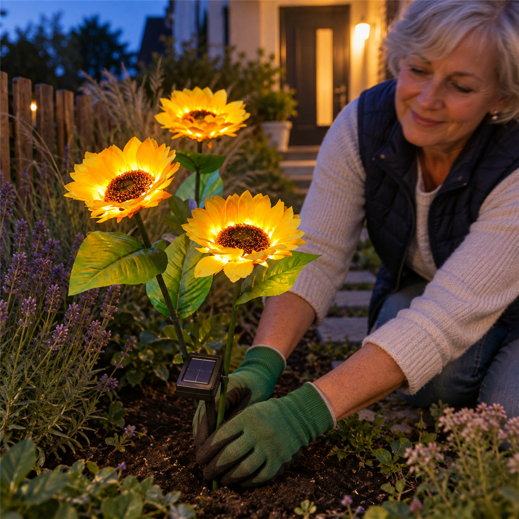 Solar-Gartenleuchte als Sonnenblume für Beet, Weg und Terrasse – LED warmweiß, Dämmerungssensor, IP65, biegsamer Stiel, Stoffblüte