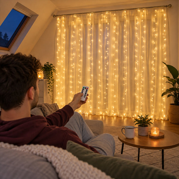 LED-Lichtervorhang mit Fernbedienung für Fenster, Wand und Party – 3 × 1 bis 6 × 3 m, 100 bis 600 LEDs, USB, 8 Modi, IP44, 3 Lichtfarben