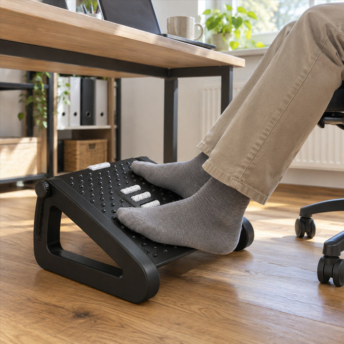 Höhenverstellbare Fußstütze für unter den Schreibtisch in Büro und Homeoffice – 42 × 31 cm, 9 bis 19 cm, 6 Stufen, Massagerollen, 3 Farben