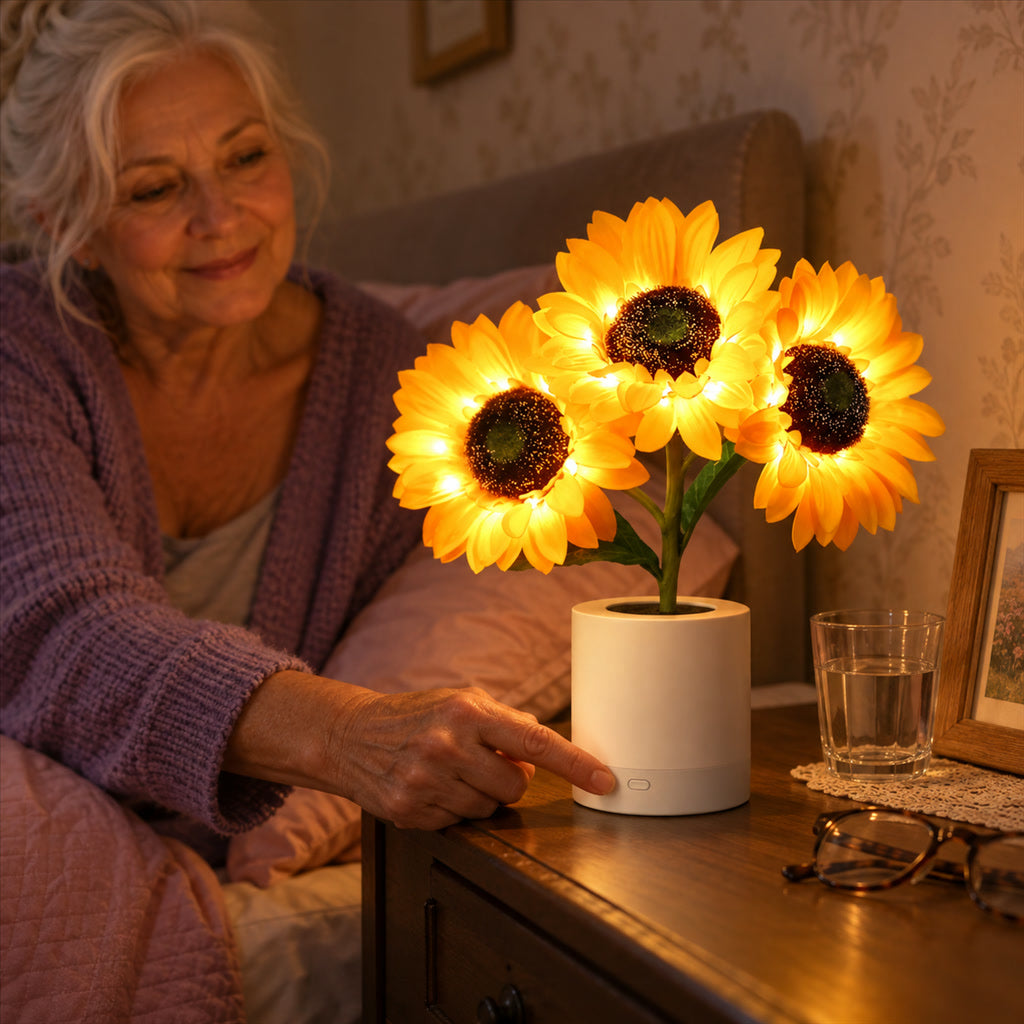Sonnenblumen-Tischlampe mit drei Kunstblüten im Topf für Nachttisch, Schreibtisch und Regal – LED, 2 Helligkeitsstufen, USB-Akku, 8 Stunden
