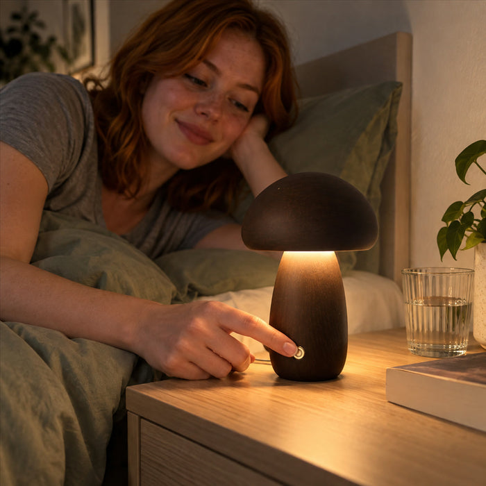 Pilz-Nachtlicht aus Holz als Nachttischlampe für Schlafzimmer und Kinderzimmer – LED dimmbar, Touch-Bedienung, Akku mit USB, 4 Ausführungen