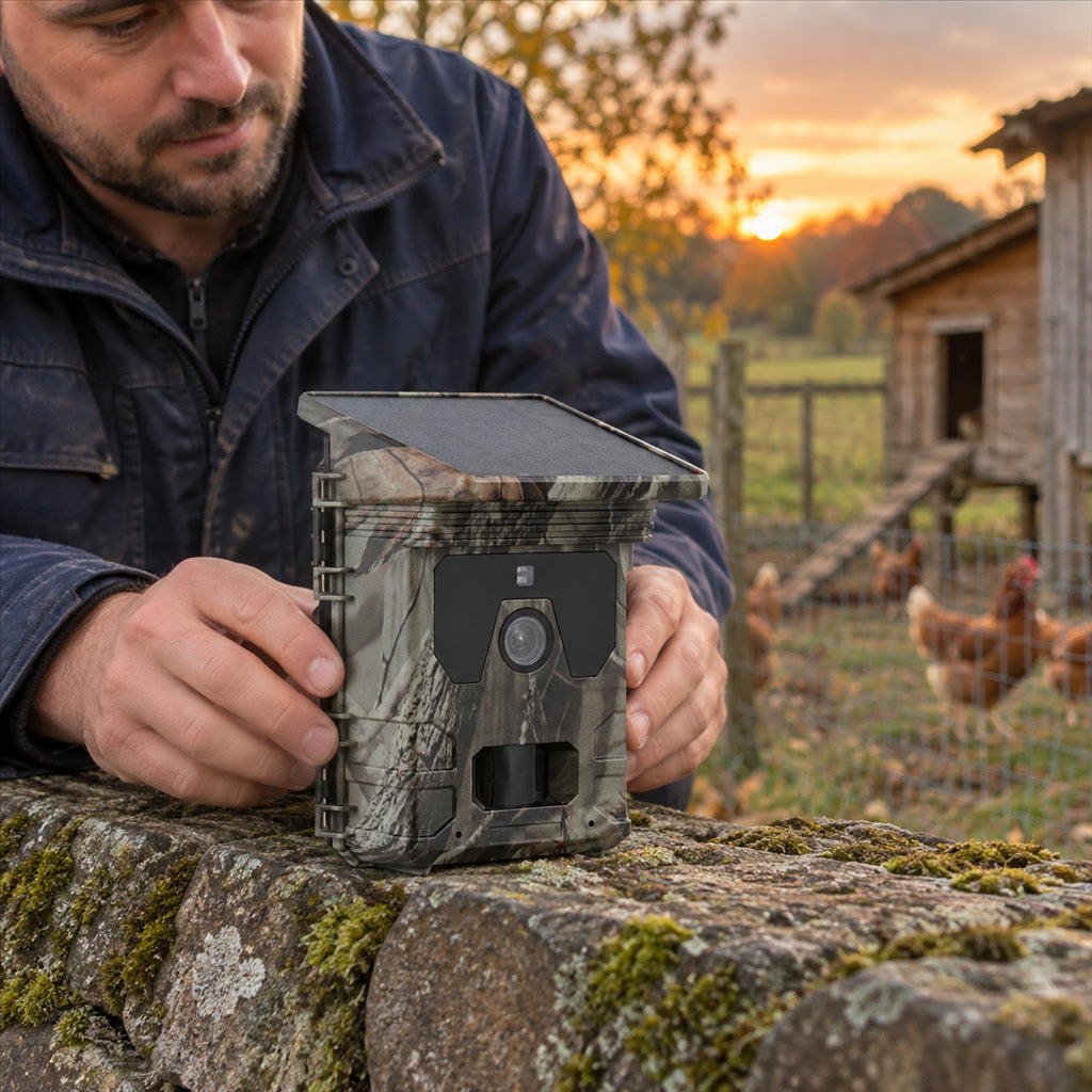 Solar-Wildkamera mit 4K-Video und Nachtsicht für Wald, Garten und Bauernhof – 50 MP, 0,3 s Auslösung, bis 256 GB, IP65, 9 × 10 × 15 cm