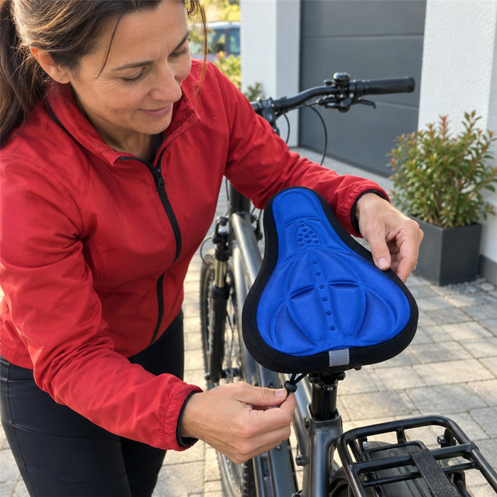 Gel-Sattelbezug fürs Fahrrad mit Schaumpolster für Radtouren und lange Strecken – ca. 27,5 × 17 cm, 3 Schichten, Kordelzug, waschbar, 4 Farben