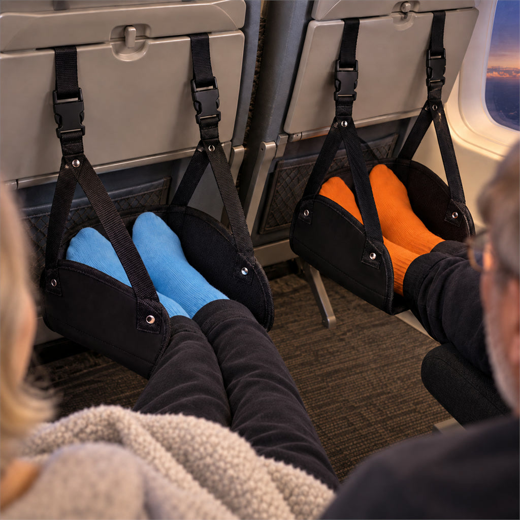 Fußhängematte im 2er-Set für Flugzeug, Zug und Schreibtisch – 3 Höhen, Schaumpolster, Canvas mit Oxford-Rückseite, Doppelschnalle, aufrollbar