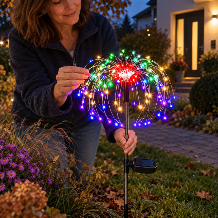Solar-Feuerwerkslicht mit 60 bunten LEDs für Garten, Rasen und Terrasse – 2 Leuchtmodi, biegsame Kupferdrähte, IP65, mit Erdspieß