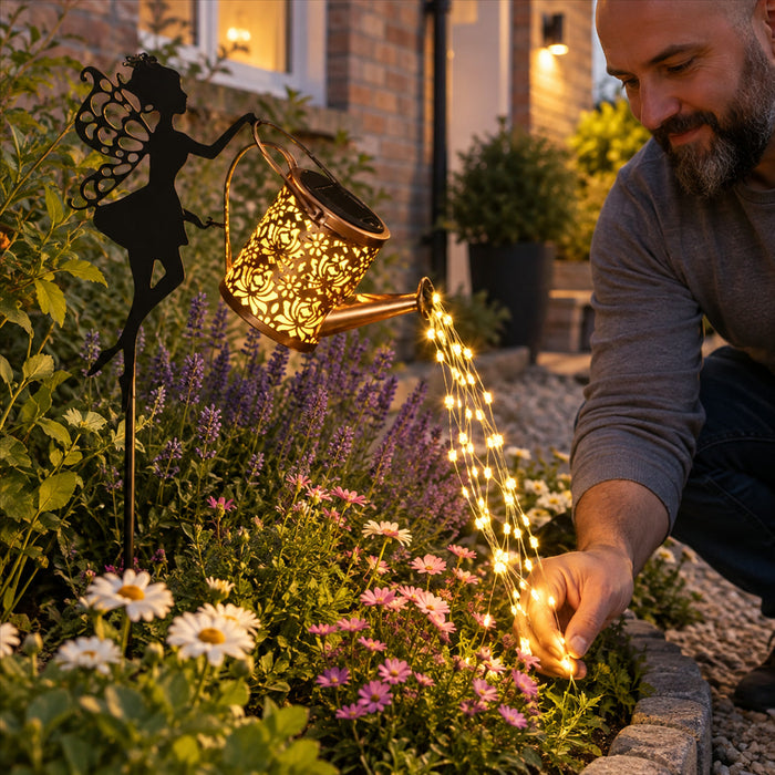 Solar-Gartenleuchte Elfe mit Gießkanne zum Stecken oder Hängen für Garten und Beet – 36 LEDs, Metall, Dämmerungsautomatik, bis 18 Stunden