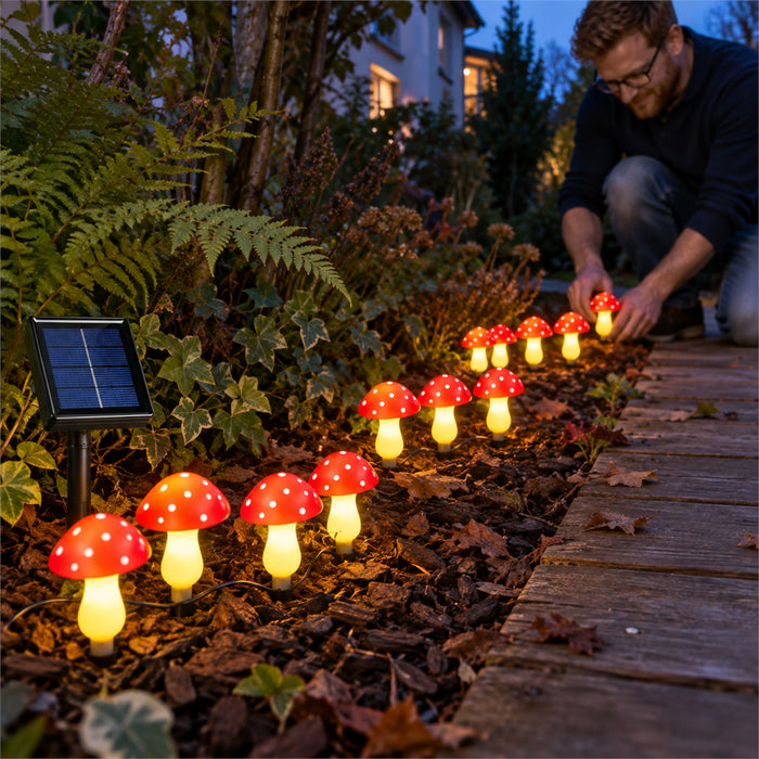 Solar-Lichterkette mit 12 Pilzleuchten in Fliegenpilz-Optik für Garten, Weg und Beet – LED, 8 Leuchtmodi mit Speicher, Dämmerungsautomatik, Erdspieße