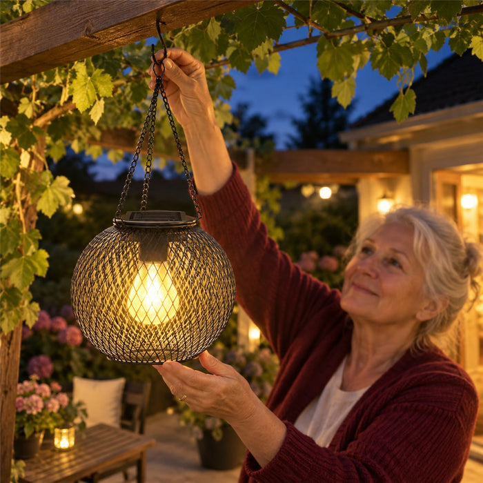 Kugelförmige Solar-Hängelaterne aus Metallgitter für Garten, Balkon und Terrasse – LED 3000 K warmweiß, bis 14 Stunden, IP65, Dämmerungssensor