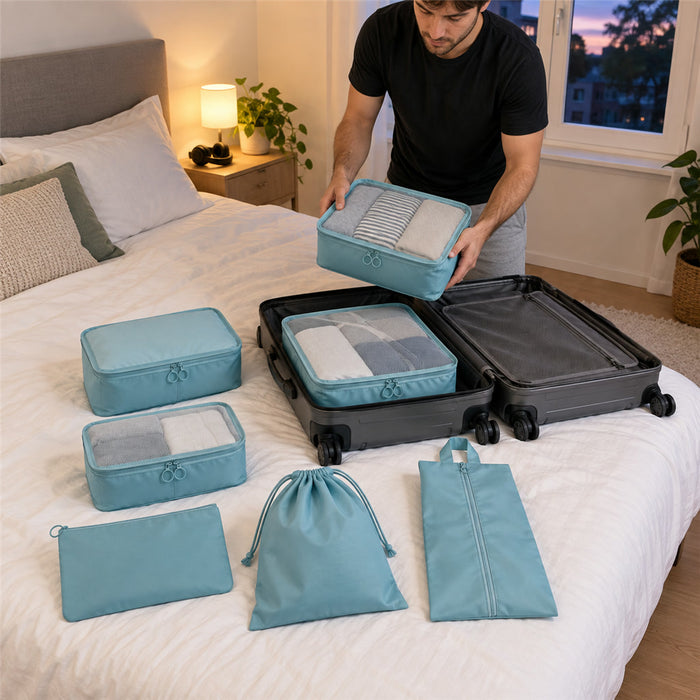 Packwürfel-Set 7-teilig für Koffer und Rucksack auf Reisen – 3 Größen, Schuhbeutel, Kulturbeutel, Wäschebeutel, Netzfenster, 6 Farben