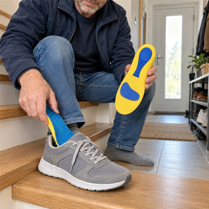 Einlegesohlen mit Fußgewölbestütze und tiefer Fersenschale für Alltag, Arbeit und Sport – zuschneidbar, rutschfest, 23 bis 27 cm, Gelb oder Orange