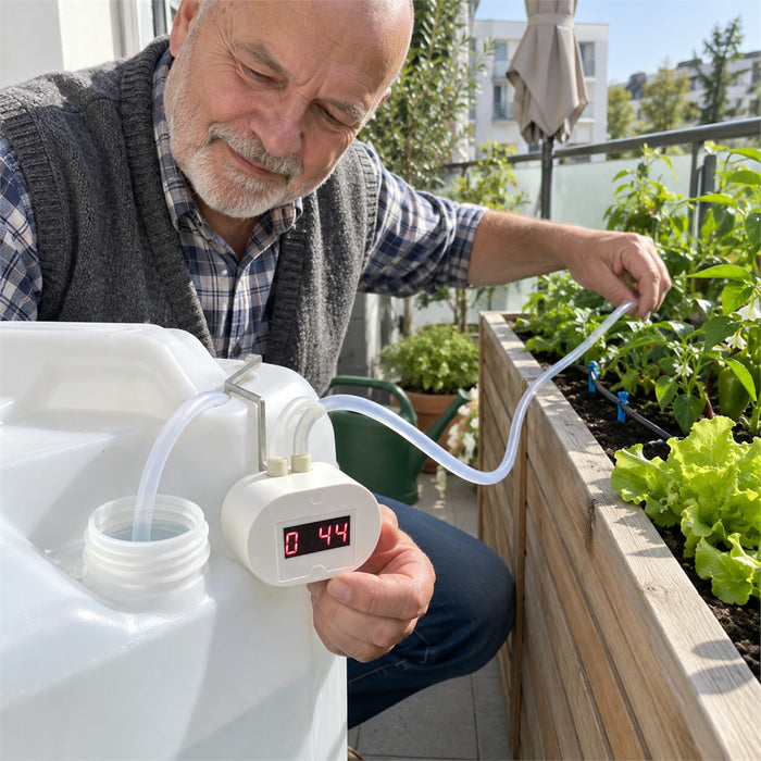 Automatische Bewässerungspumpe mit Akku und LCD für 2 bis 8 Topfpflanzen – ca. 1,2 l/min, 3 m Schlauch, bis 120 Tage Laufzeit, 3 Modelle