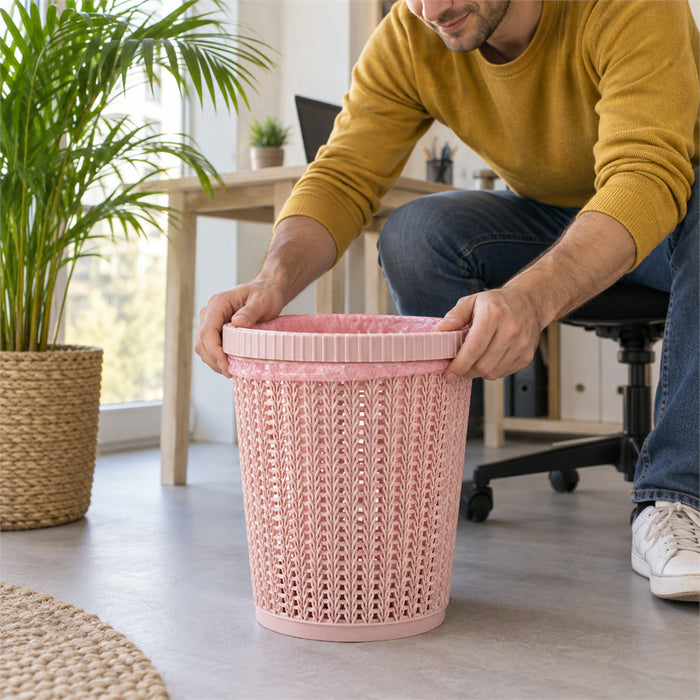 Offener Mülleimer in Flechtoptik mit abnehmbarem Beutel-Klemmring für Bad, Büro und Wohnzimmer – ohne Deckel, rund, Rosa oder Blau