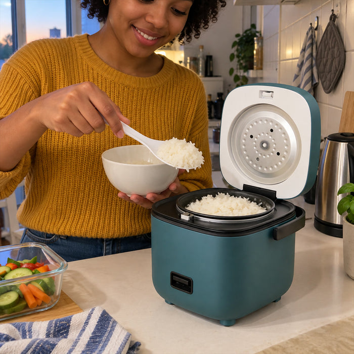 Mini-Reiskocher mit Dampfgaraufsatz für 1 bis 2 Personen, Single-Küche und Büro – ca. 1,1 l, 200 W, Warmhaltefunktion, Grün oder Braun