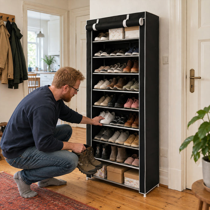 Schmaler Schuhschrank mit Stoffbezug und Reißverschluss für bis zu 30 Paar Schuhe für Flur und Schlafzimmer – hoch, viele Ebenen, werkzeuglos, Schwarz
