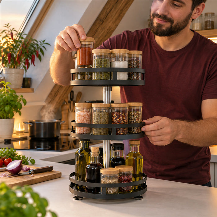 Drehbares rundes Etagen-Regal aus Karbonstahl mit 3 Ebenen für Küche, Bad und Schreibtisch – 360° drehbar, höhenverstellbar, Schwarz, für Gewürze