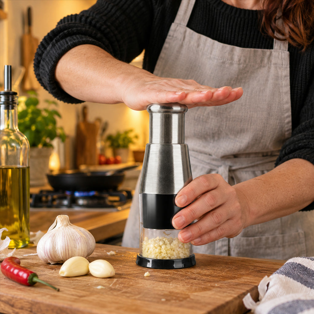 Knoblauchhacker zum Draufdrücken mit Auffangbehälter für Knoblauch und Chili – Edelstahlklingen im Zickzack, fein oder grob, leicht zu reinigen