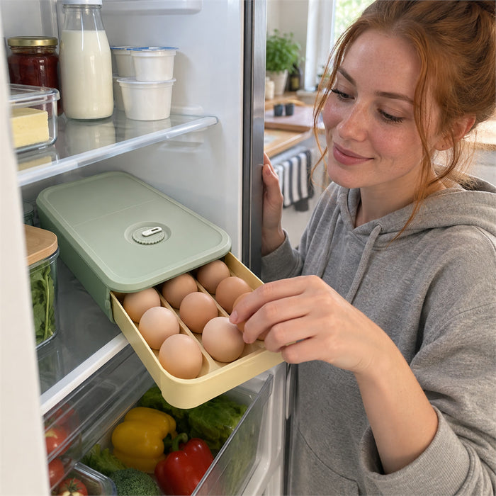 Stapelbare Eierbox mit Schublade für 12 Eier für Kühlschrank und Vorratsschrank – ausziehbar, Datumsrad, BPA-freier Kunststoff, Blau oder Grün