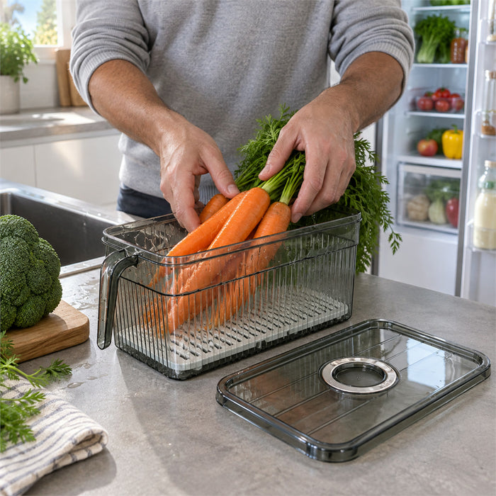 Transparente Kühlschrank-Box mit Belüftungsdeckel für Obst, Gemüse und Snacks – stapelbar, spülmaschinenfest, für Ordnung im Kühlschrank
