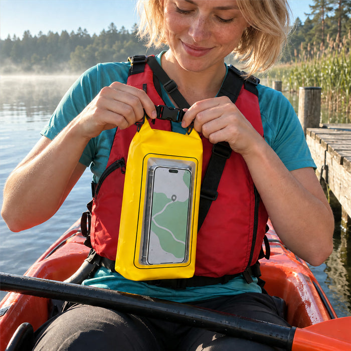 Wasserdichter Packsack mit Handyfenster und Schultergurt für Strand, Schwimmen und Kajak – ca. 2 l, Rollverschluss, für Handys bis 7 Zoll, 5 Farben