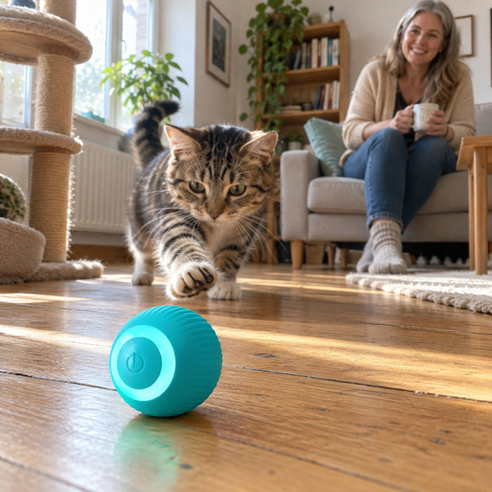 Selbstrollender Spielball für Hunde und Katzen mit zufälligen Bewegungen für die Beschäftigung zu Hause – Akku mit USB-Ladung, weiches Material