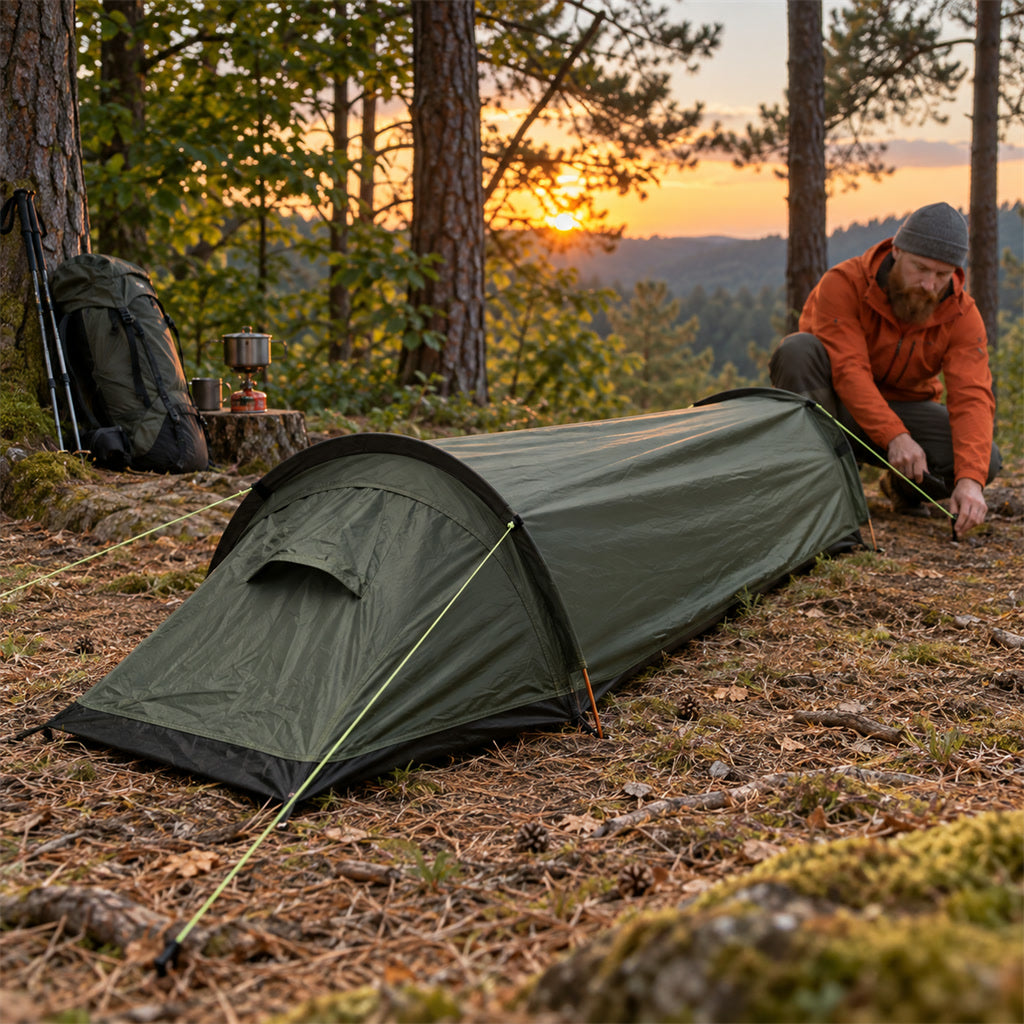 Ultraleichtes Einpersonenzelt für Trekking, Wandern und Solo-Camping – ca. 690 g, Mesh-Innenzelt, verstärkter Boden, Gelb oder Armeegrün