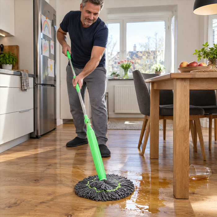 Selbstauswringender Drehmopp mit 360° beweglichem Mikrofaserkopf für Fliesen, Holz, Laminat und Vinyl – nass und trocken, waschbarer Moppkopf