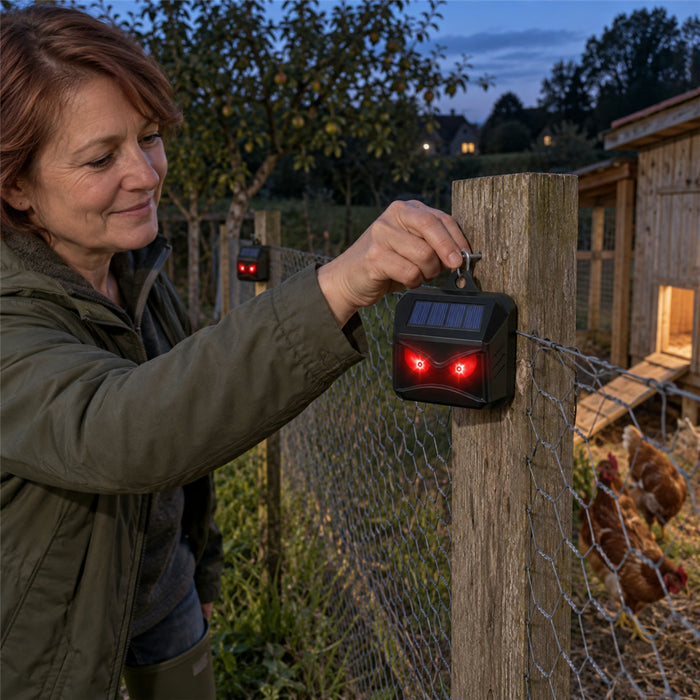 Solar-Tierabwehr mit rot leuchtenden LED-Augen im 2er-Set für Garten, Hühnerstall und Zaun – Solarpanel, Aufhängeöse, Schwarz, 2 Ausführungen