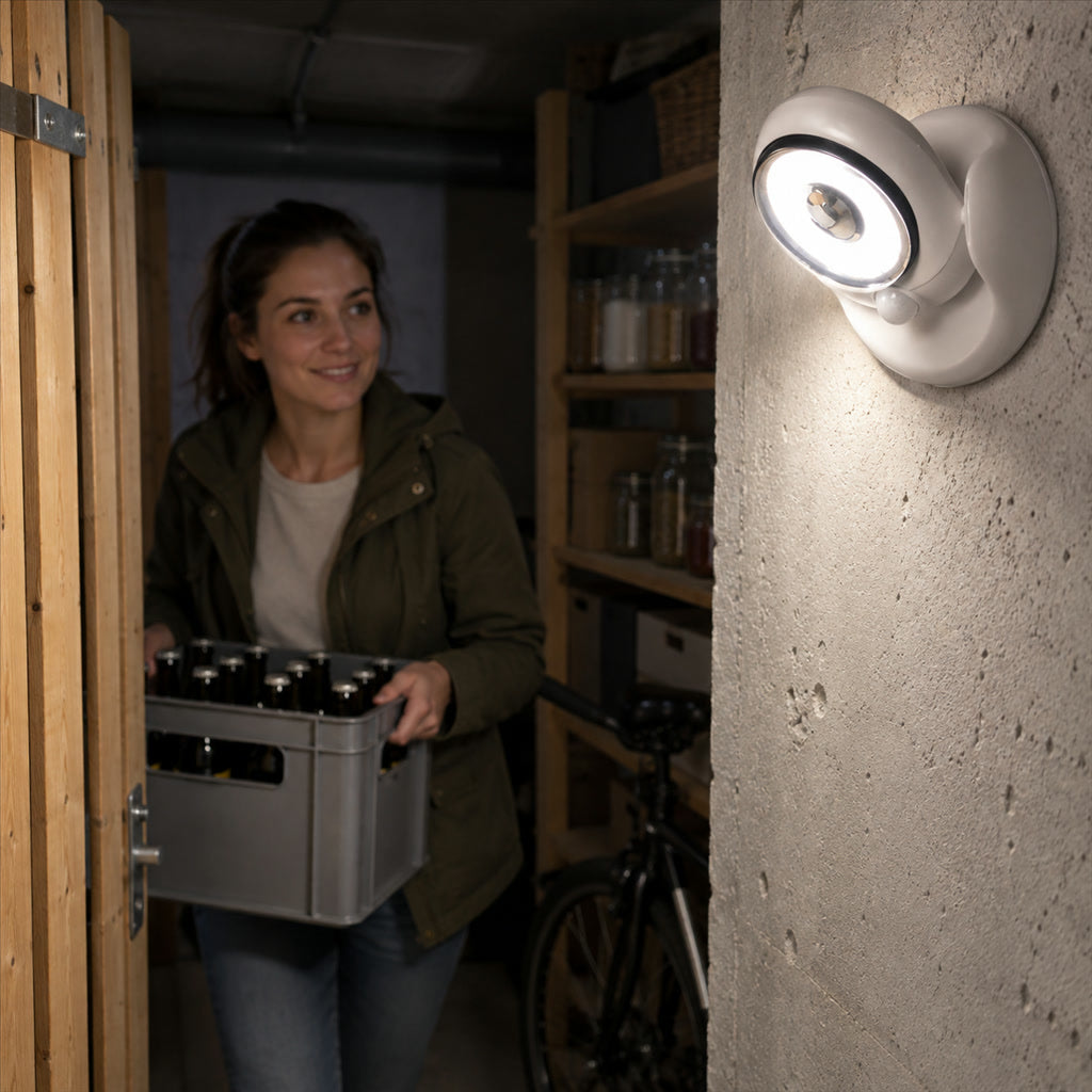 LED-Leuchte mit Bewegungsmelder für Eingang, Gehweg und Abstellraum – 450 Lumen, 360° drehbar, batteriebetrieben, wasserfest, selbstklebend